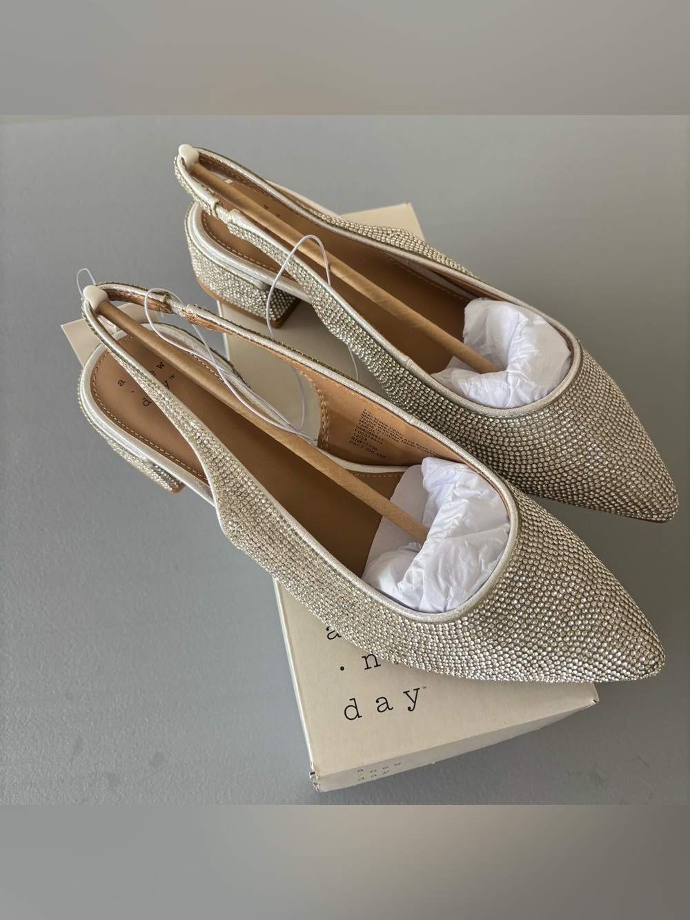 A New Day Women Rhinestone Slingback heels low block heels in silver size 7.5